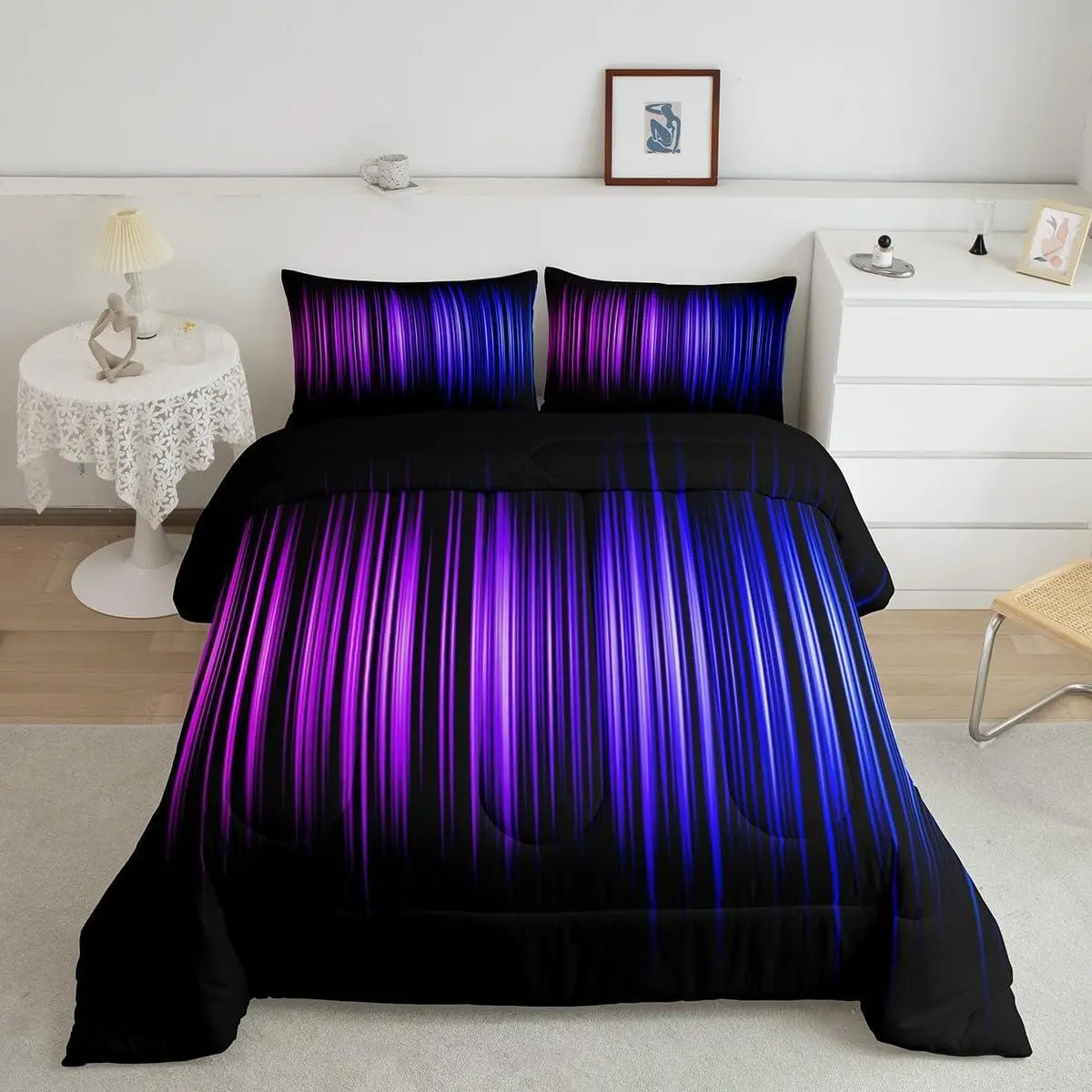 Geometric Abstract Ombre Comforter Set,Purple Blue and Black Bedding Set Ombre Gradient Lines Comforter Abstract Duvet Set Room Decor Microfiber Bed Set