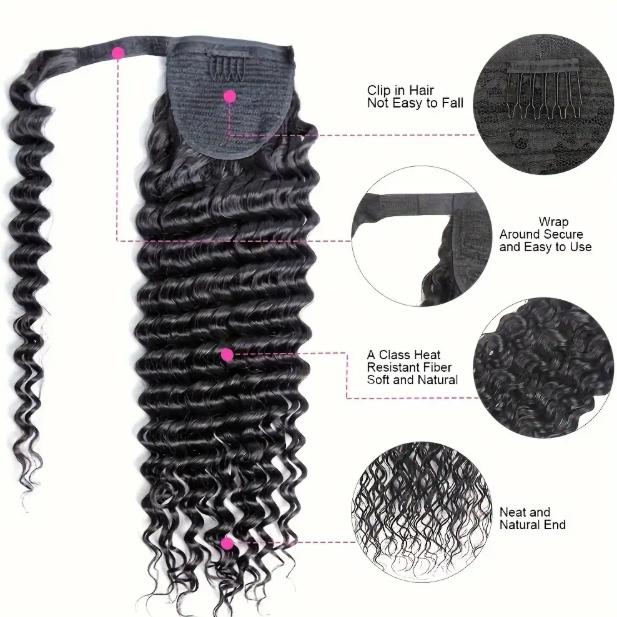 "Deep Wave Brazilian Remy Human Hair Ponytail Extension, Long Curly Wavy Wrap Around Ponytail with Magic Paste, Natural Black 10-28 Inch, Soft & Secure Fit for Women 100g/Pack "	