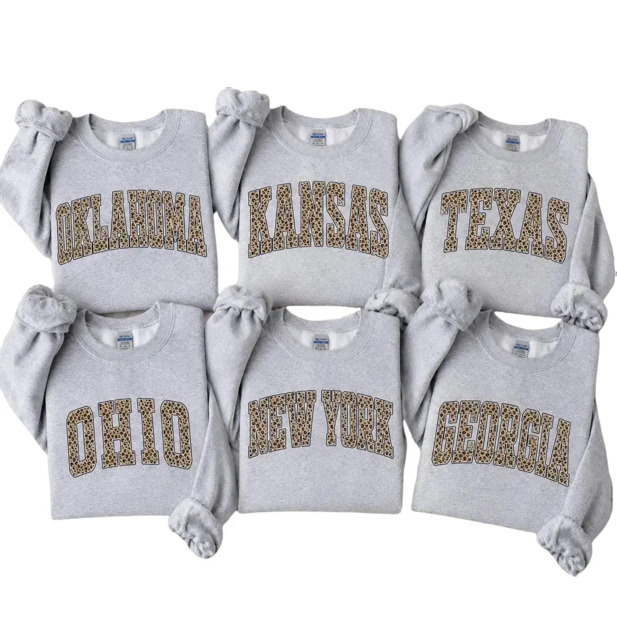 Custom State Name Leopard Print Crewneck, Personalized Oklahoma Kansas Texas Ohio New York Georgia Sweatshirt Vintage College Letter Pullover, Matching Family Gift, Unisex Sweatshirt- DarkFlex