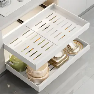 1 Pack Expandable Pull Out Cabinet Organizer, Heavy Duty Slide Out Drawers, Fixed With Adhesive Cabinet Shelves, Sliding Under Sink Storage Organization for Kitchen Pantry Bathroom