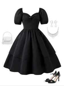 Girls Ruffle Detail Bubble Long Sleeve Fitted Dress, Multi-Layered Hem, Fashionable Casual Wear for Daily and Vacations