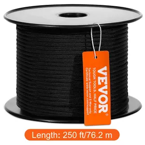 VEVOR Braided Nylon Cord, TikTokShopBlackFriday, 3/16 inch by 250 feet, 32-Strand Design, 720 LBS Tensile Strength, Multi-Purpose Black Rope for Outdoor, Tree Work, Hiking, Swinging, and Rescue Operations
