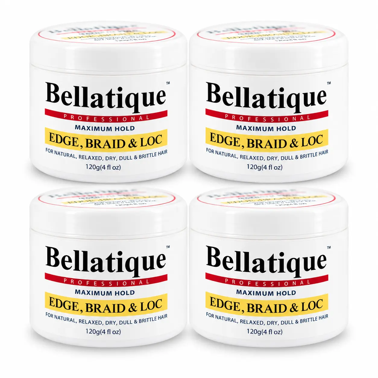 Bellatique Professional Maximum Hold Edge, Braid and Loc Braiding Gel, 4-Pack 4 Fl oz Fast-Drying High-Shine Styling Gel for Natural and Relaxed Hair, Edge Control for Women Styling Knotless Braids, Cornrows or Sleek Looks, High-Shine Protective Style Gel