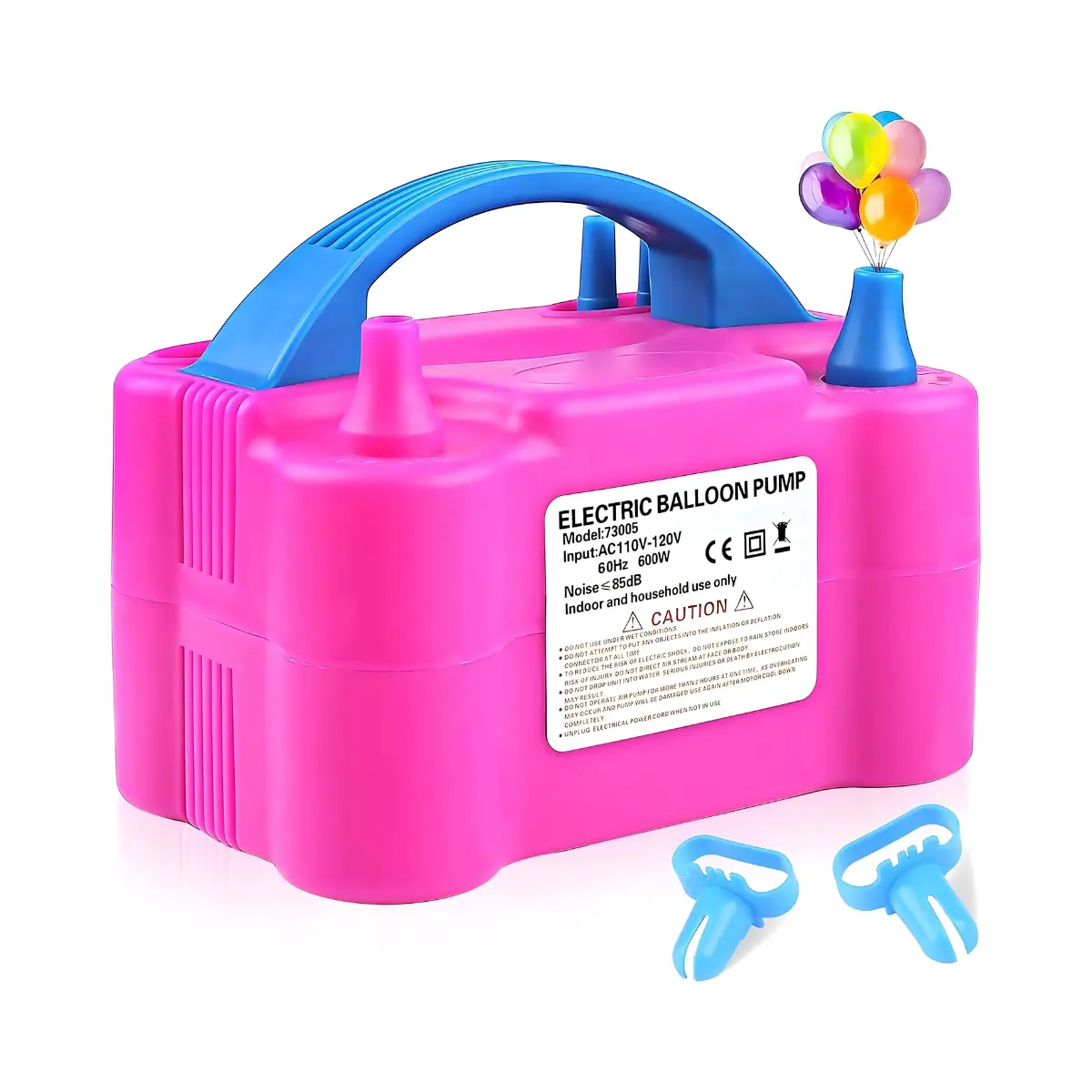 Portable dual nozzle electric air balloon pump (600W, 110V) with tying tool. Perfect for parties, decorations, and weddings. Lightweight & easy to use