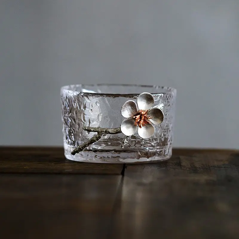Zenation Japanese hammered glass exquisite -set of 2 tea cups/sake cups, with tin and copper plum blossom decoration-C Drinkware Handmade Traditional Peace Tumblers Bottles