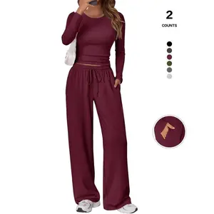 2026 women's two-piece casual suit long sleeved slightly exposed navel top wide leg pants casual sportswearRAIMENTRY