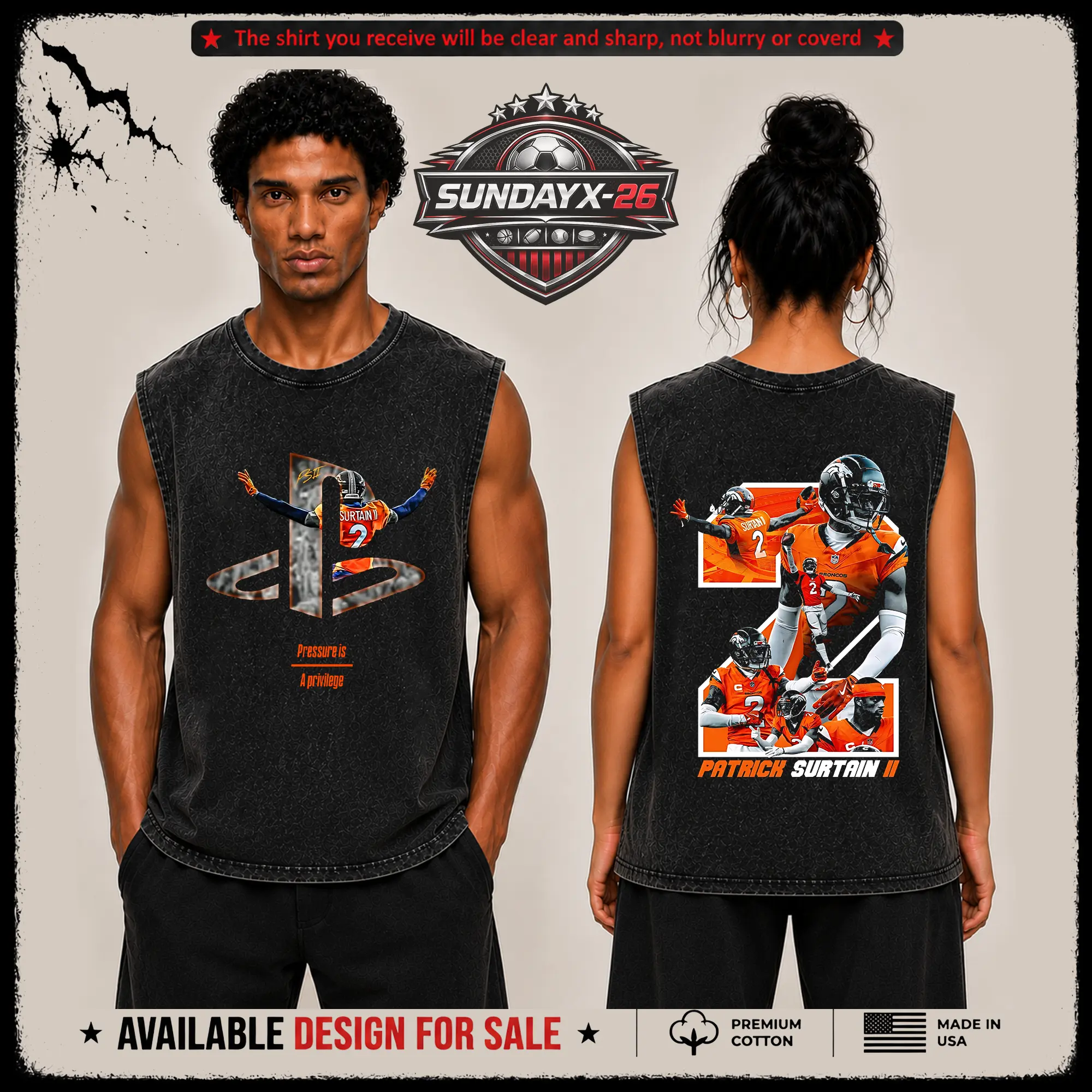 [X-26] Patrick Surtain II Graphic Premium Acid Washed Tank-Top (Made in US), Broncos Football Fans Fits High Quality 100% Cotton Sleeveless Shirt, Broncos Country Outfit, Gift for Football Fans, Boyfriend