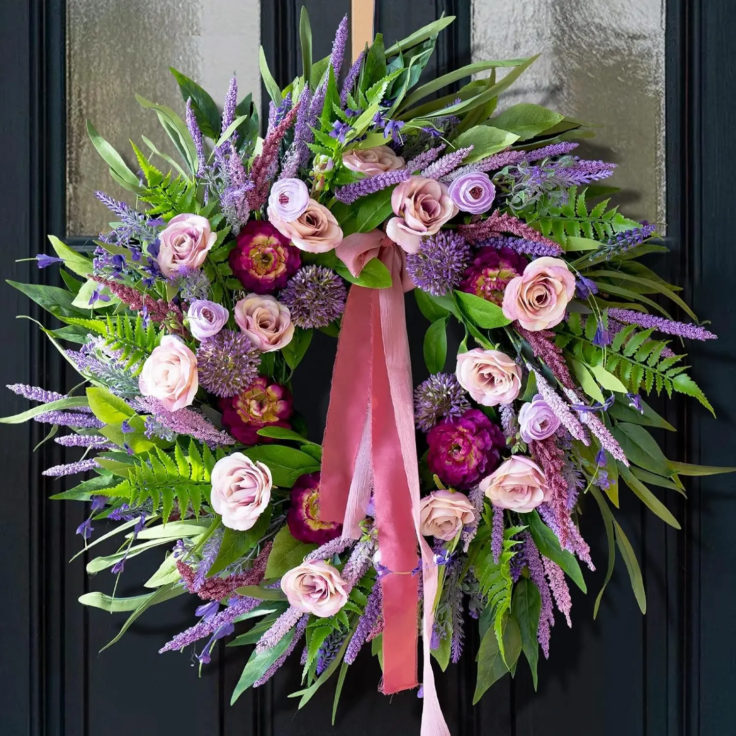 24 Inch Spring Summer Wreaths for Front Door Outside,Mantel,Porch&Entryway | Artificial Lavender Peony Wreath with Pink Ribbon,Rose&Green Leaves- Farmhouse Home Wall Valentine's Day Seasonal Display