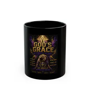 God's Grace Lion Cross coffee mug | Black Ceramic Mug, Faith Scripture Design