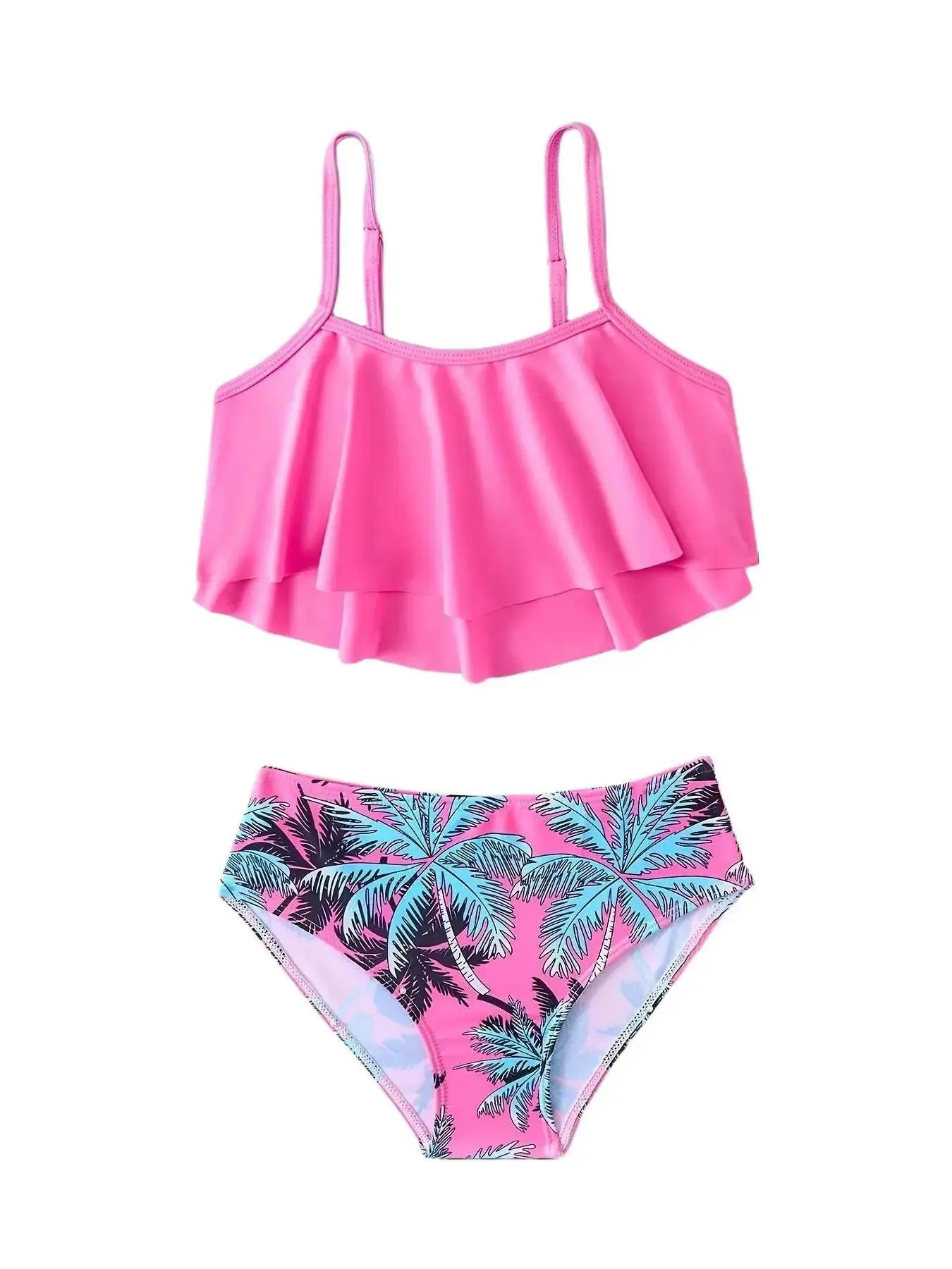 Girls' 2-Piece Ruffled Bikini Swimsuit Set - Tropical Palm Print, Stretchy Quick-Dry Polyester Blend, Double Layer, Multi-Size (7-8y,9-10y,11-12y,13-14y) Beach Wear, Ruffled Top & Bikini Bottoms