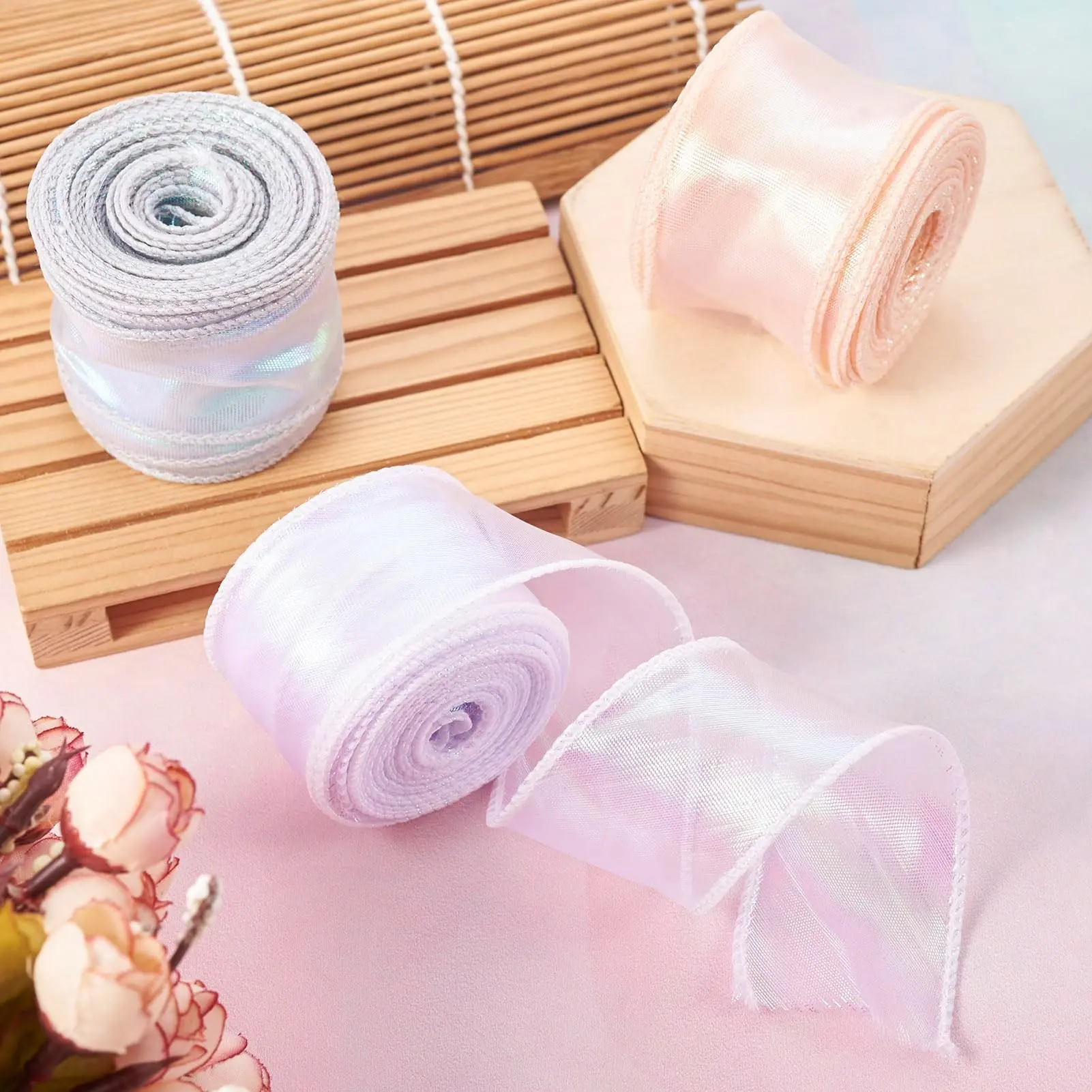 3 Rolls Iridescent Organza Ribbon, 10 Yards/roll Sheer Craft Decorative Ribbon, Ideal for Flowers, Bouquets, Weddings, Gifts, Hair Bows, Christmas, Ribbon Decoration