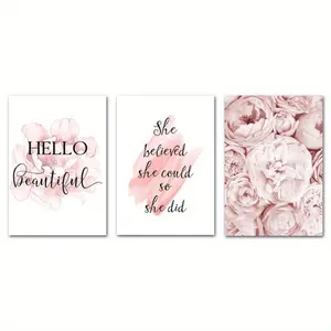 3-pack frameless Pink Peony & inspirational quotes wall art prints-modern Nordic style home decor for bedroom, living room-8x10 inches