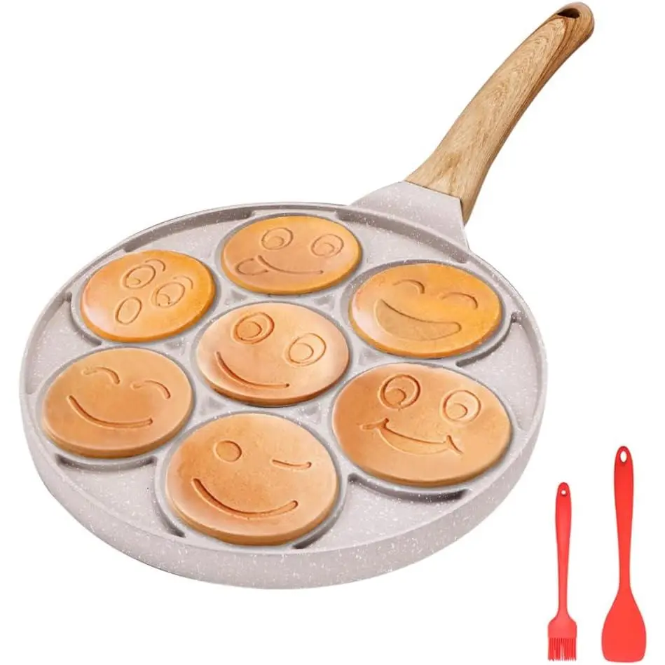 Pancake Pan Induction for , Pancake Shapes Pan, Mini Pancakes Maker Nonstick Pancake Griddle 7 Holes Smiley  Pancake Mold for Breakfast, 10 Inch (White)