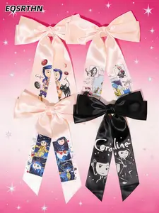 Coraline Bow Hair Clips, Barrettes: Dark Whimsy for Your Hair Dive into Coraline's eerie charm with these satin bow clips. Three champagne bows feature movie-themed comic prints (Coraline, the black cat, other mother), while one black bow bears the film's