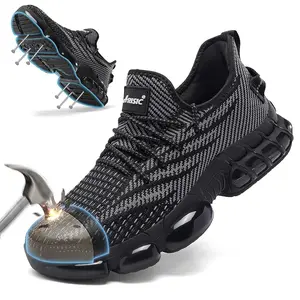 Men's Wave Design Steel Toe Sneakers - Lightweight Safety Shoes for Work Gym & Casual Wear Breathable All-Season Trainers - Boy Closed Mesh Worker Women Black