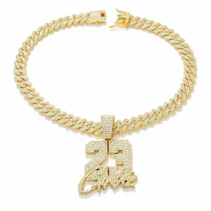 LAMARI Gold Tone Number 23 Pendant Necklace Rhinestone Cuban Chain Hip Hop Jewelry