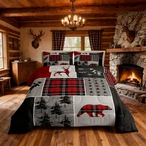 Deer Antlers Bear Kids Comforter Set,Plaids Boho Arrows Patchwork Bedding Set for Boys Girls Adults Room Decor,Rustic Adventure Xmas Down Comforter,Red Retro Duvet Insert
