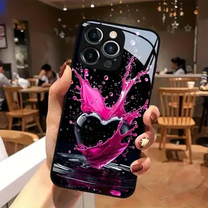 A New Glass Case Design Featuring a Pink Liquid Splatter in a Heart Shape, Compatible with Iphone Models 17 16 15 14 13 12 11 PRO MAX PLUS,AIR. This Glass Phone Case Is Stylish, Trendy, And Resistant to Dirt.