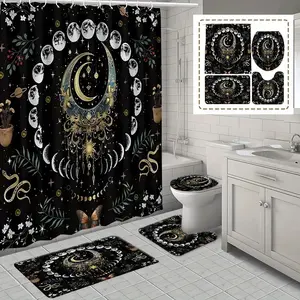 Mystic Moon Phases Pattern Bathroom Set, 1 Shower Curtain & 1 Bath Mat & 1 U Shaped Rug & 1 Toilet Lid Cover, Bathroom Accessories for Home Decor, Shower Essentials, Shower Curtain Sets