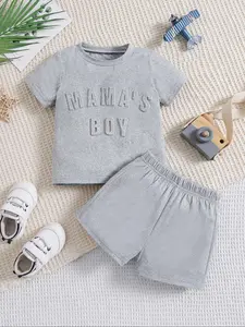 Two-piece Set Toddler Boy's Letter Embossed Short Sleeve Tee & Elastic Waist Shorts, Toddler Outfit, Casual Round Neck T-shirt & Shorts for Daily Wear, Kids Clothing for All Seasons
