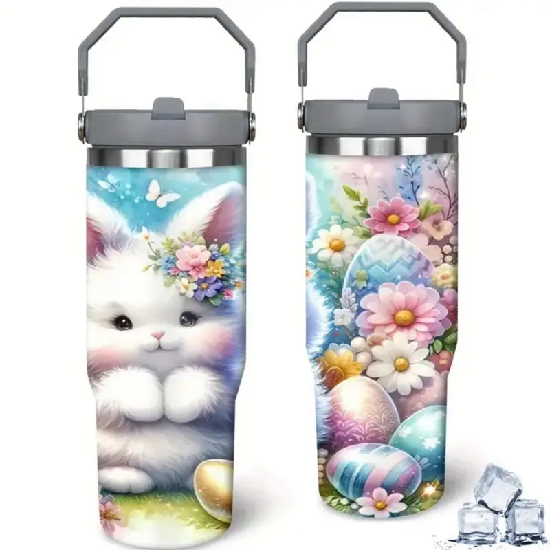 30oz Portable Easter Bunny Insulated Tumbler with Lid & Straw – Stainless Steel Travel Mug for Hot & Cold Drinks – Cute Floral Design, Leak-Proof, BPA-Free, Perfect for On-the-Go, Holidays & Gifts Drinkware Insulation Bottled Flasks