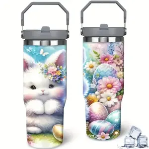 30oz Portable Easter Bunny Insulated Tumbler with Lid & Straw – Stainless Steel Travel Mug for Hot & Cold Drinks – Cute Floral Design, Leak-Proof, BPA-Free, Perfect for On-the-Go, Holidays & Gifts Drinkware Insulation Bottled Flasks