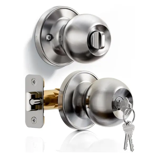 Keyed Entry Door Knob, Bedroom Door Lock with Keys, Heavy-Duty Rust-Proof Construction, Door Handle for Exterior Interior Security, Easy to Install, Brushed Nickel