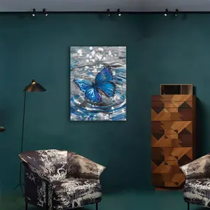 Blue Butterfly Picture Animal Canvas Wall Art, Modern Grey Aesthetic Painting Print Artwork Framed For Bathroom Bedroom Living Room Kitchen Nursery Office Home Decor 12"X16" Ready To Hang