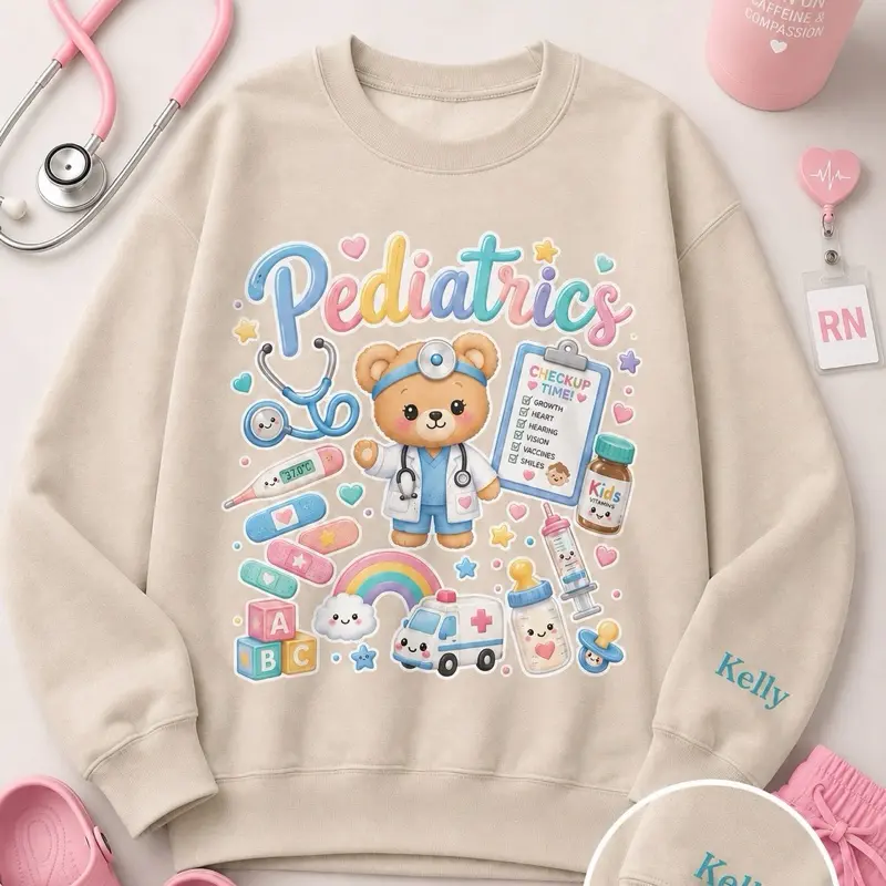 Pediatrics Bear Illustration Sweatshirt | Cute Pediatric Nurse Design