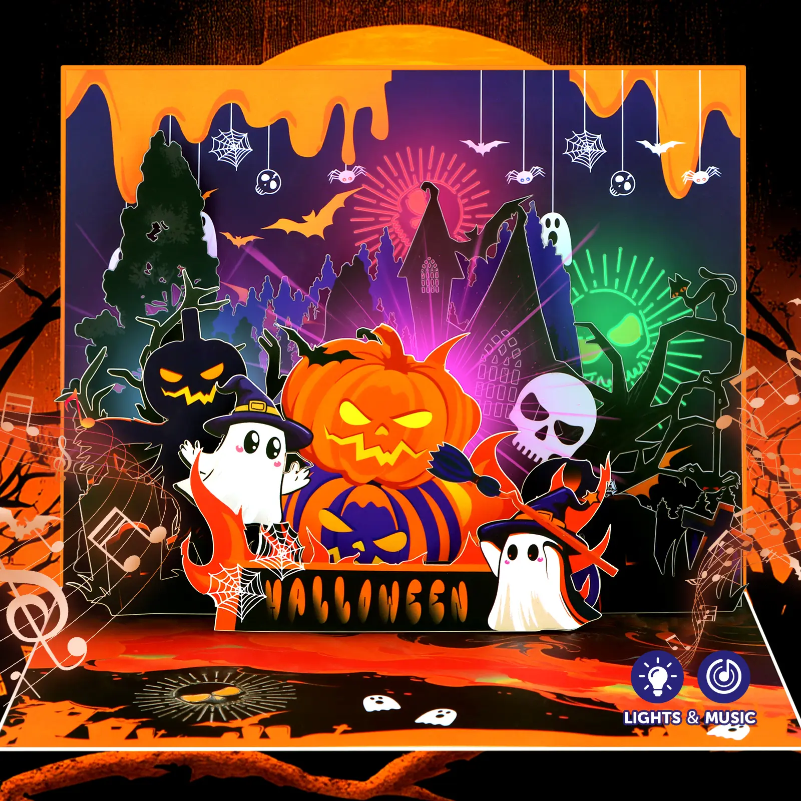 FaCraft 3D Halloween Laser-Cut Thick Paper Pop Up Cards with Built-in Music, Synchronized LED Lights, Envelope, Blank Insert, Gold Foiled Seal Sticker - Ghost, Pumpkin, Skull Spooky Scenes for Kids' Gifts