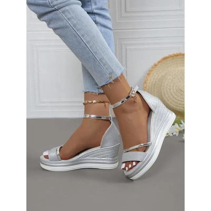 Women's Fashionable Metallic Platform Sandals, Elegant Versatile Wedge Sandals for Summer, Lightweight Breathable Comfortable Shoes for Daily Wear, Girl