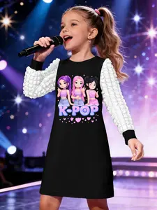 Girls' Energetic K-POP Dress: Chibi Idol Girls Funny Gesture Print + Heart K-POP Letter + Soft Skin-Friendly Fabric, Sweet & Lively, Perfect for School & Leisure