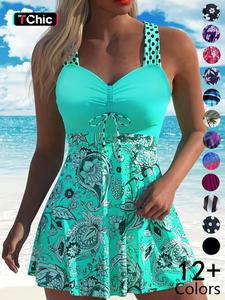 women's plants print v neck swimdress & tankini set, casual sleeveless swim dress & swim top two-piece swimsuit for beach holiday vacation, ladies swimwear for all seasons, summer 2 piece set, sea fancy swimsuits, bathing suits, tankini outfit