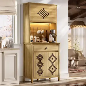 72" Tall Kitchen Pantry with Hydraulic Flip Up Door, Storage Cabinet with LED Lights&Charging Station, Drawer and Adjustable Shelves, Cupboard for Kitchen, Dining Room, and Hallway, Natural