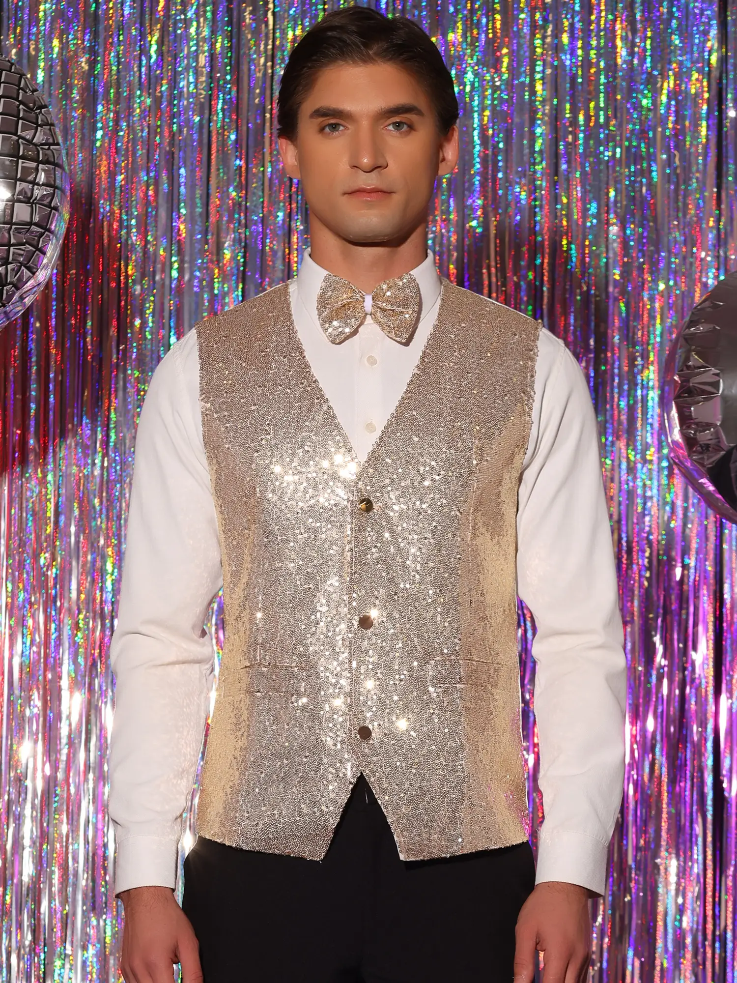 INSPIRE CHIC Men's Sequin Shiny Slim Fit Vest Sleeveless Suit Waistcoat Set with Bow Tie