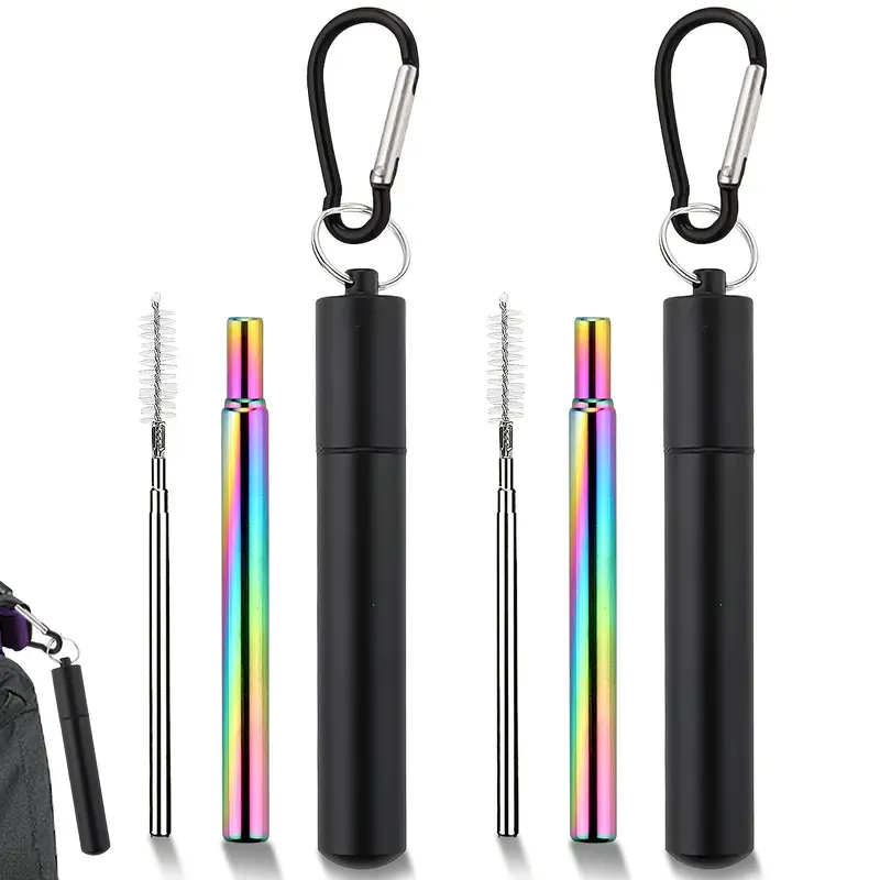 2pc Stainless Steel Drinking Straws, 3-In-1 Reusable Telescopic Straw Set, Includes Aluminum Case & Cleaning Brush, Portable, Convenient, Perfect for Travel & Cruises