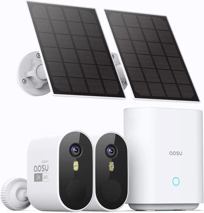 AOSU Solar Security Camera System Wireless Outdoor - No Subscription, 32GB Local Storage on Homebase, 2K, 166° Ultra-Wide View, Spotlight, Support 5G WiFi and Alexa & Google Assistant