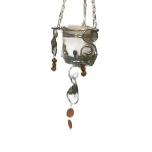 Indoor/Outdoor Crystal Hanging Candle with Neutral Gemstones and LED Light Decor Glass
