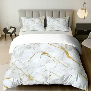 3PCS Duvet Cover Set, 1 Duvet+2 Pillowcases(Without filler), Marble Gold White Abstract Elegant Modern Luxury theme, Christmas bedding set, Soft Comfortable Durable Suitable for decoration Bedroom Living Room Guest Room Hotel