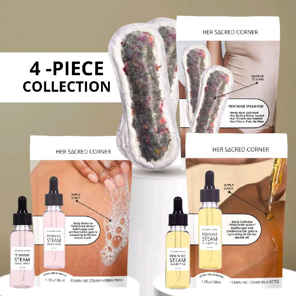Women's Organic Feminine Herbal Steam 4-Piece Intimate Care Set - Healing, Soothing, Sensitive Skin-Safe, Vaginitis Relief, Moisturizing Wash & Oil 24-Month Shelf Life, Moisturizing Intimate Wash & Oil