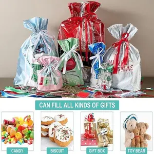 Festive Christmas Drawstring Treat Bags Santa & Elf Printed Reusable Gift Sacks for Small Presents Candies and Holiday Party Favor