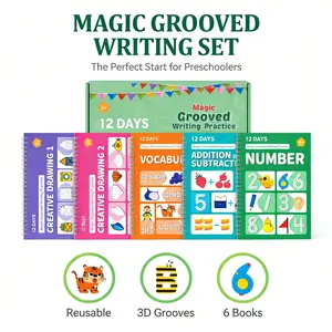 6-Book Reusable Grooved Handwriting Workbook Set for Kids, Preschool Learning Materials with Letters, Numbers, Addition, Drawing, Spiral Notebook School Supplies