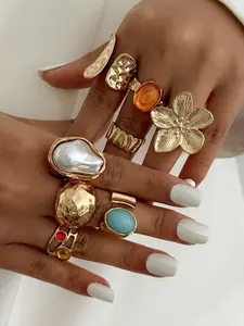 Women's Fashionable Streetwear Rings Set, Irregular Gemstone Design, Metal Texture, Perfect Gift for Parties & Daily Wear, Vintage Rings Jewelry