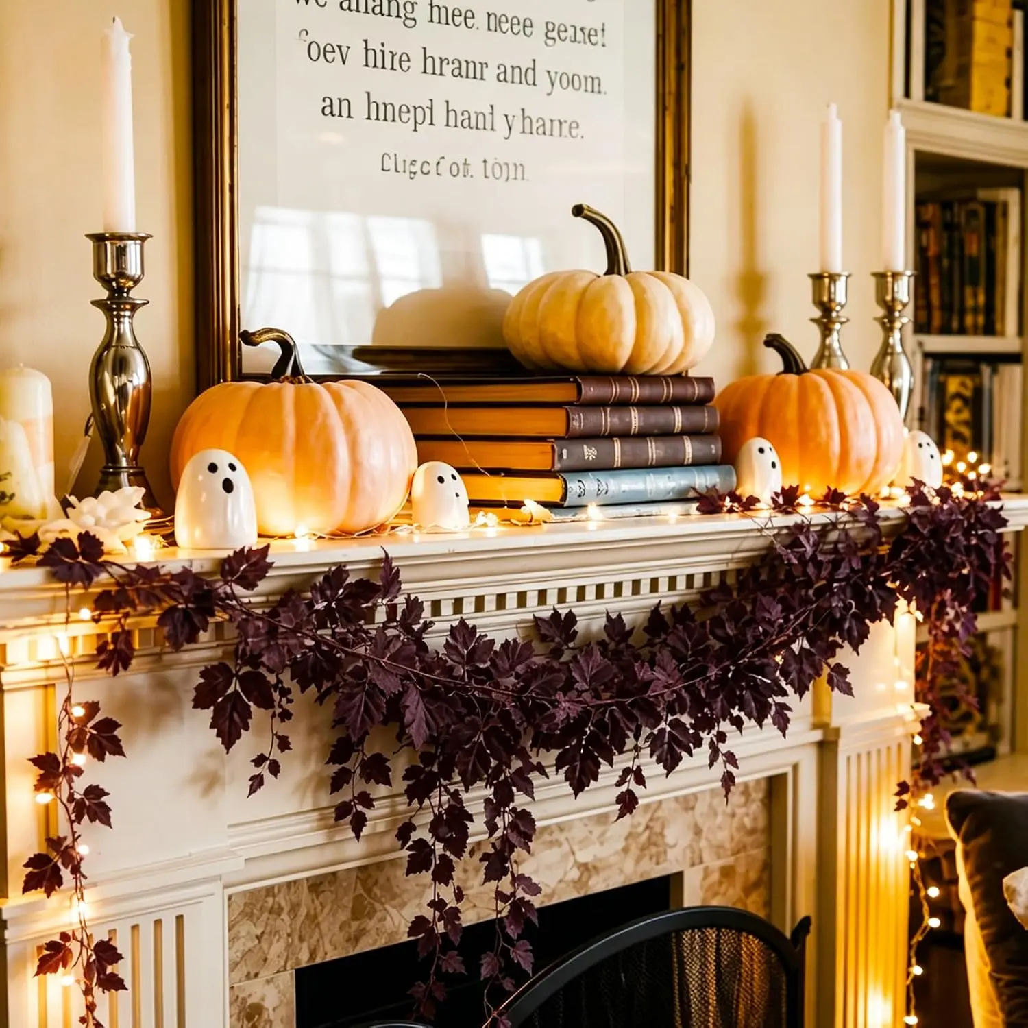 Whaline Fall Halloween Decoration 9 Ft Artificial Plum Cimicifuga Seed Garland Purple Faux Leaves Garland for Summerween Autumn Thanksgiving Indoor Outdoor Home Party Table Fireplace