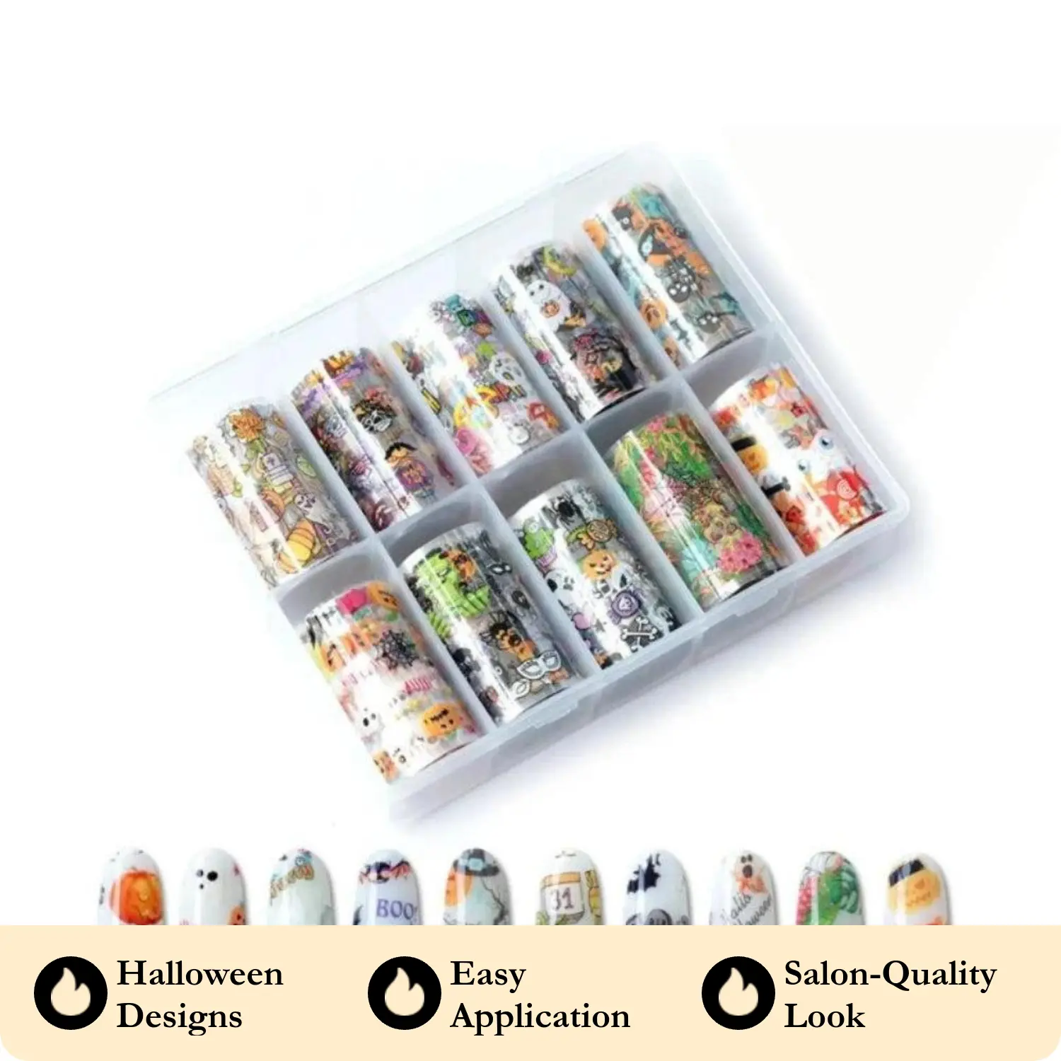 Halloween Nail Transfer Foils, 10-Roll Multi-Pack with Spooky Colorful Designs for Decorative Art, Easy Application for DIY & Nail Tech, Decorative Nails