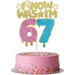 1pc I WAS 6 NOW I'M 7 Cake Topper, 6 7 Birthday Decorations Cake Decor for Boy Girl 7 Years Old, Glitter 67 Happy Birthday Party Supllies, Pink+Blue