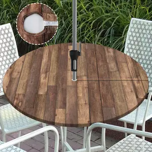 Round Outdoor Tablecloth with Umbrella Hole Zippered Fitted Tablecloth with Elastic Wood Grain Table Cloth for Picnic Party Patio Fits 44-48" Diameter Round Tables