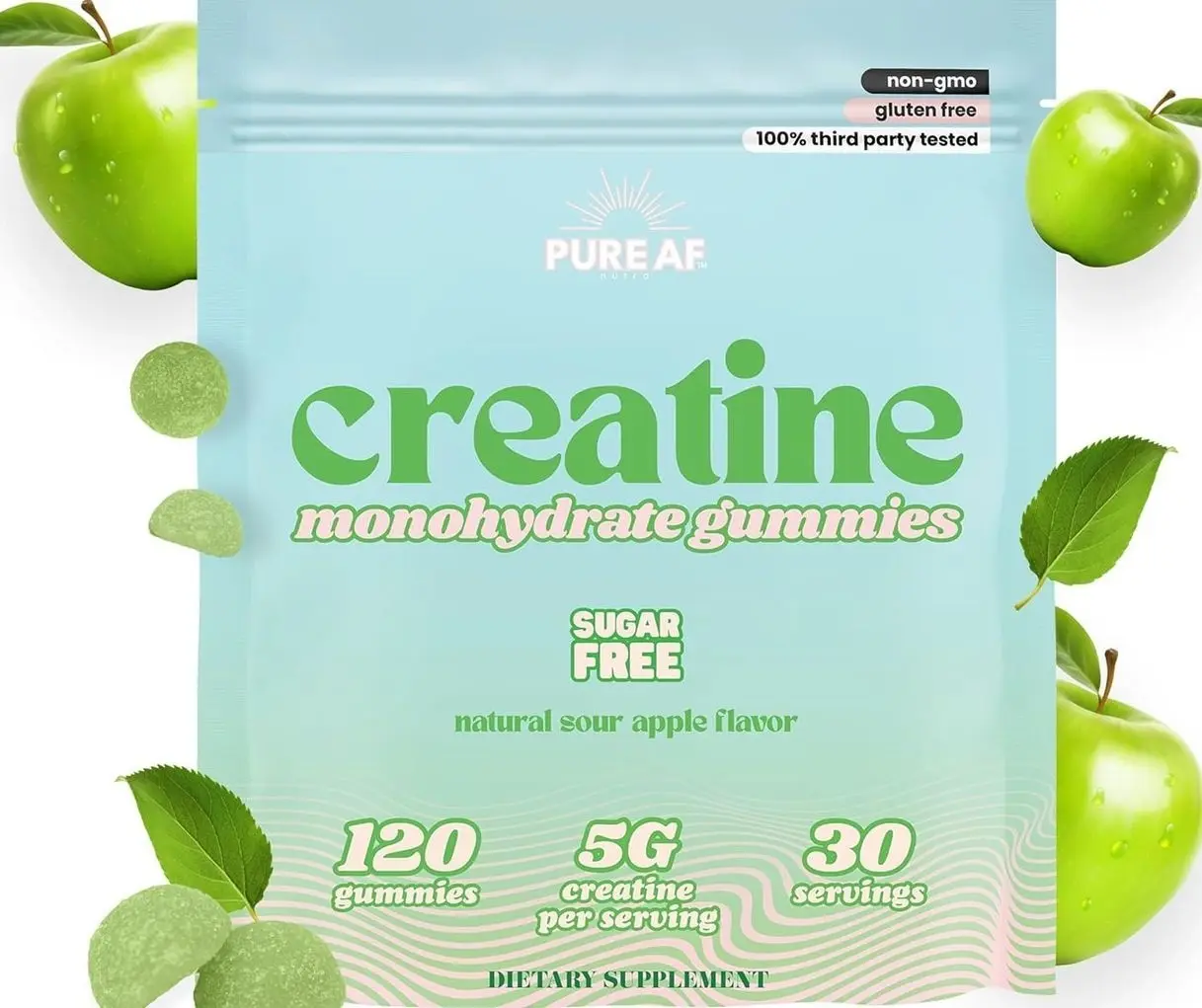 Creatine Gummies for Women – Sugar Free | Sour Green Apple – 120 Creatine Monohydrate Gummies | Lean Muscle, Glute Growth, Strength & Cognitive Boost