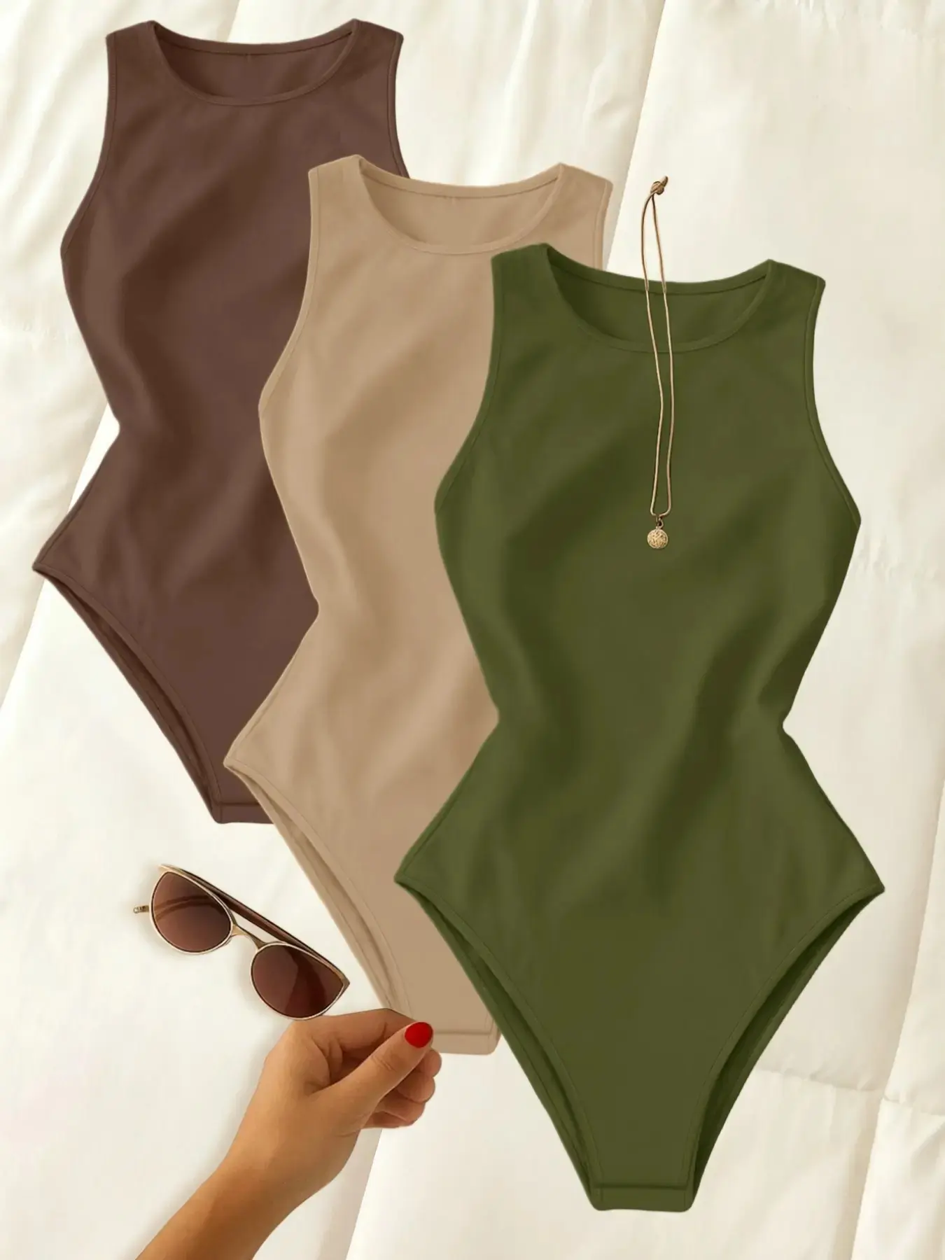 Women's New 3-Piece Sleeveless Medium-Stretch Slimming Vest Set, Casual Outerwear and Innerwear, Plain-Color One-Piece Vests
