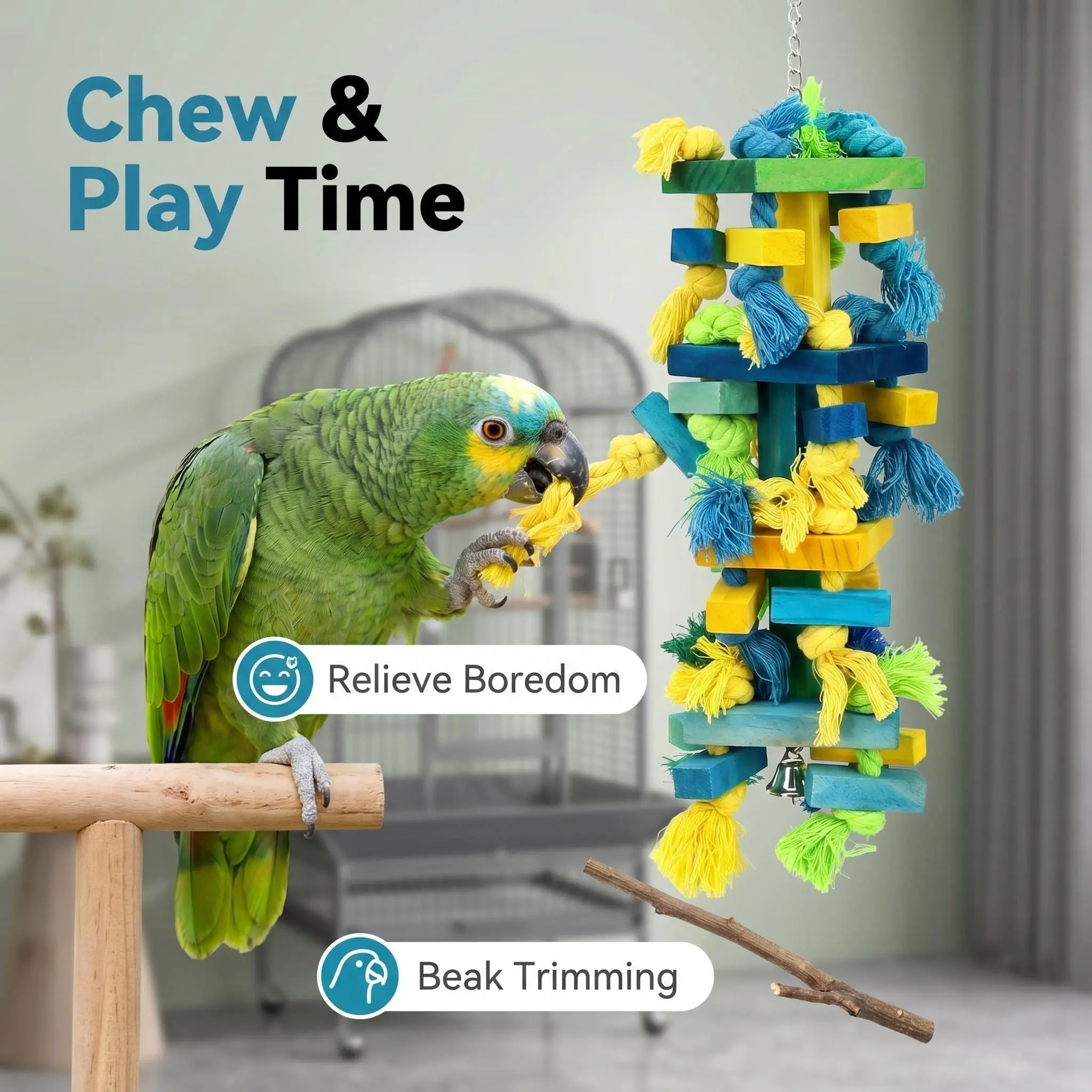Large Parrot Chewing Teething Toy, Colorful Wooden Blocks Cotton Rope, Macaw Cage Hanging Puzzle Bird Toy, Mental Stimulation, Boredom Relief